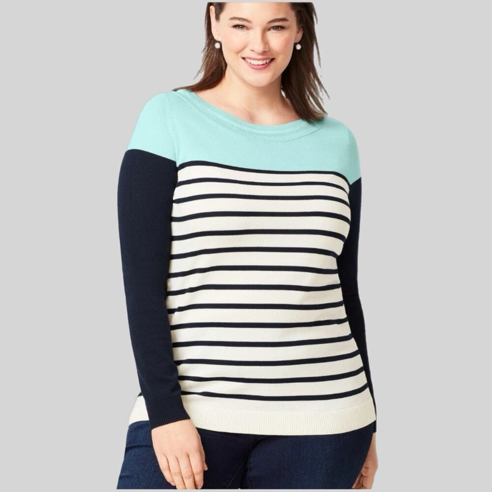 Talbots Sweater Womens Petite XLp Blue Navy Stripe Boatneck Cotton Blend Coastal